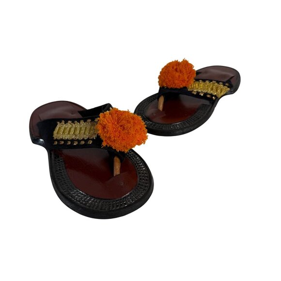 Traditional Ethnic Ahenema Sandals Size 8 Leather Slippers Orange Pom Ghanaian - Picture 2 of 16